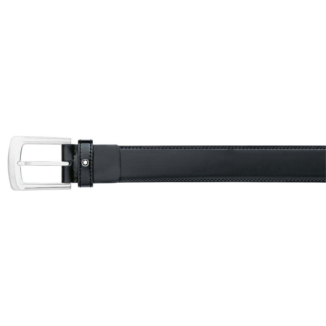 Montblanc-Montblanc Leather Belt Rectangular 3 Rings Shiny Palladium Pin Buckle Black Strap 35mm MB111078-MB111078