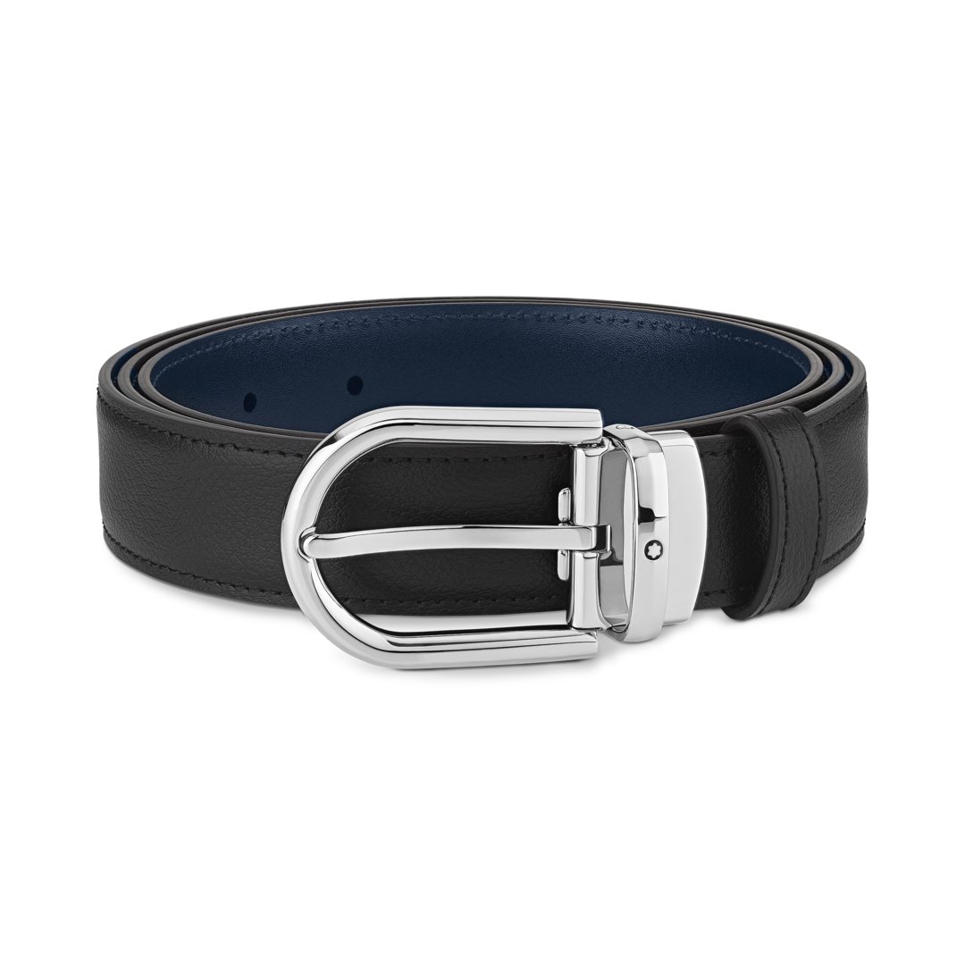 Montblanc-Montblanc Horseshoe Pin Buckle Reversible Black/Blu 30 mm Leather Belt MB128756-MB128756