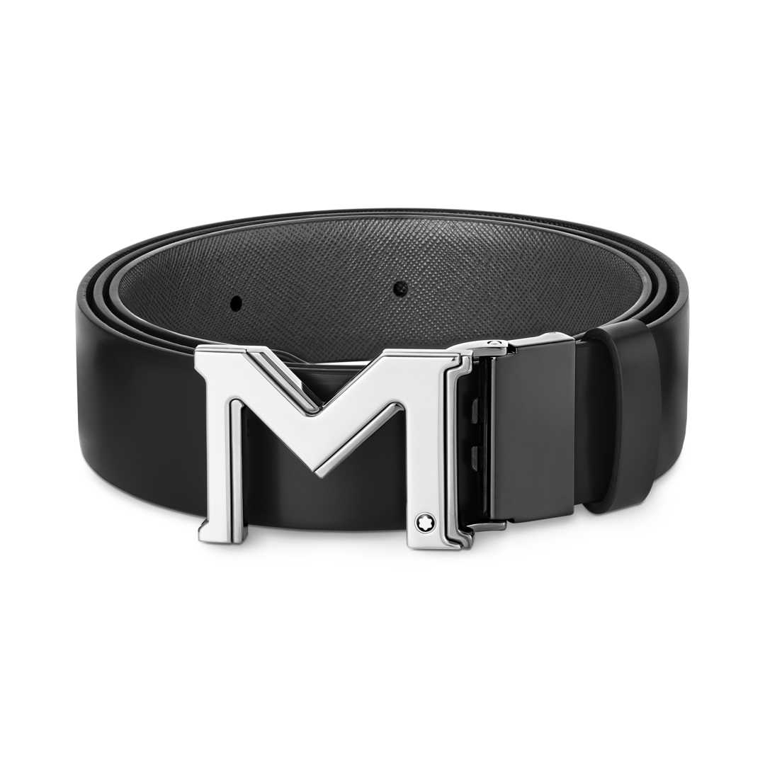 Montblanc-Montblanc M Buckle Palladium & Ruthenium Reversible  Black/Gray 35 mm Leather Belt MB131178-MB131178