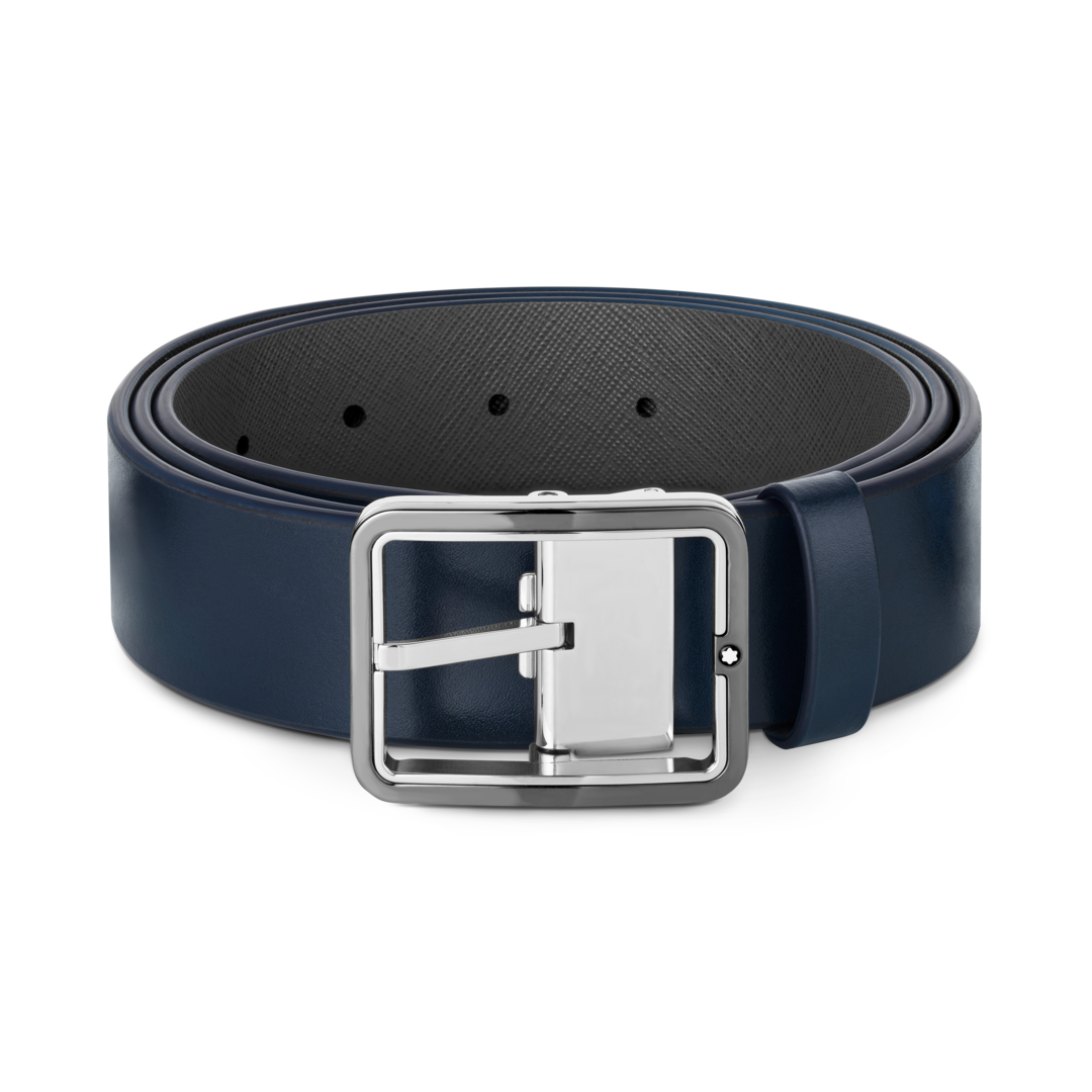 Montblanc-Montblanc Rectangular Ruthenium & Palladium Pin Buckle Reversible Blue/Gray 35 mm Leather Belt MB131193-MB131193